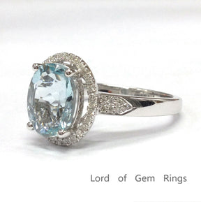 Oval Aquamarine Diamond Halo Engagement Ring 14K White Gold - Lord of Gem Rings