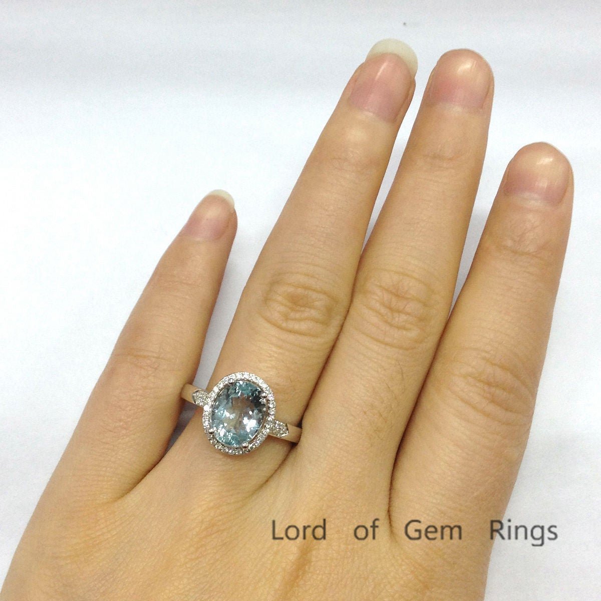 Oval Aquamarine Diamond Halo Engagement Ring 14K White Gold - Lord of Gem Rings