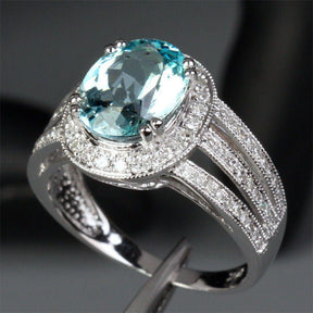 Oval Aquamarine Diamond Halo Ring Triple Split Shank with Milgrain - Lord of Gem Rings