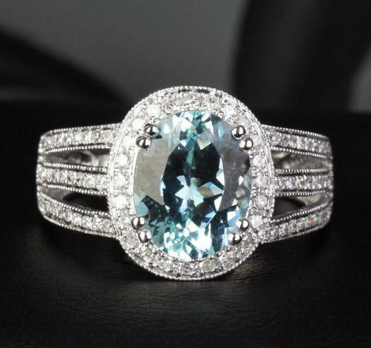 Oval Aquamarine Diamond Halo Ring Triple Split Shank with Milgrain