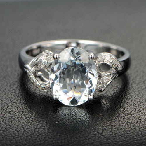 Oval Aquamarine Diamond Heart Ring 14K White Gold - Lord of Gem Rings