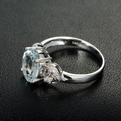 Oval Aquamarine Diamond Heart Ring 14K White Gold - Lord of Gem Rings