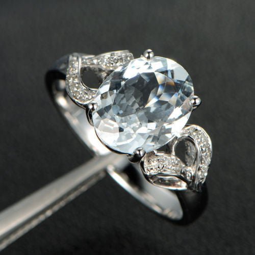 Oval Aquamarine Diamond Heart Ring 14K White Gold