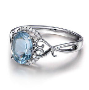 Oval Aquamarine Diamond Lovely Heart Ring 14K White Gold - Lord of Gem Rings