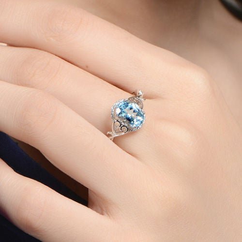 Oval Aquamarine Diamond Lovely Heart Ring 14K White Gold - Lord of Gem Rings