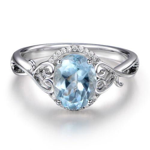 Oval Aquamarine Diamond Lovely Heart Ring 14K White Gold - Lord of Gem Rings