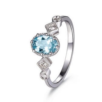 Oval Aquamarine Diamond Square Vintage Ring 18K White Gold