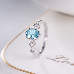 Oval Aquamarine Diamond Square Vintage Ring 18K White Gold - Lord of Gem Rings