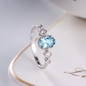 Oval Aquamarine Diamond Square Vintage Ring 18K White Gold - Lord of Gem Rings