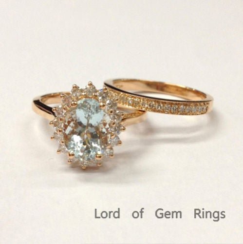 Oval Aquamarine Diana Princess Ring Set 14K Rose Gold