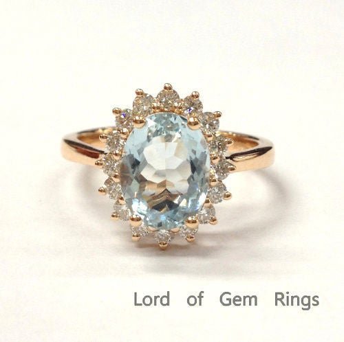 Oval Aquamarine Diana Princess Ring Set 14K Rose Gold - Lord of Gem Rings