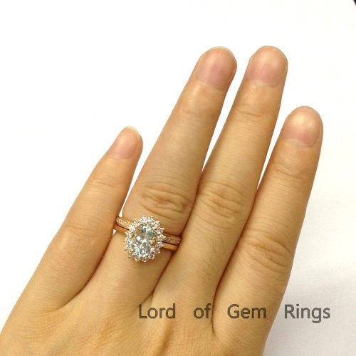 Oval Aquamarine Diana Princess Ring Set 14K Rose Gold - Lord of Gem Rings