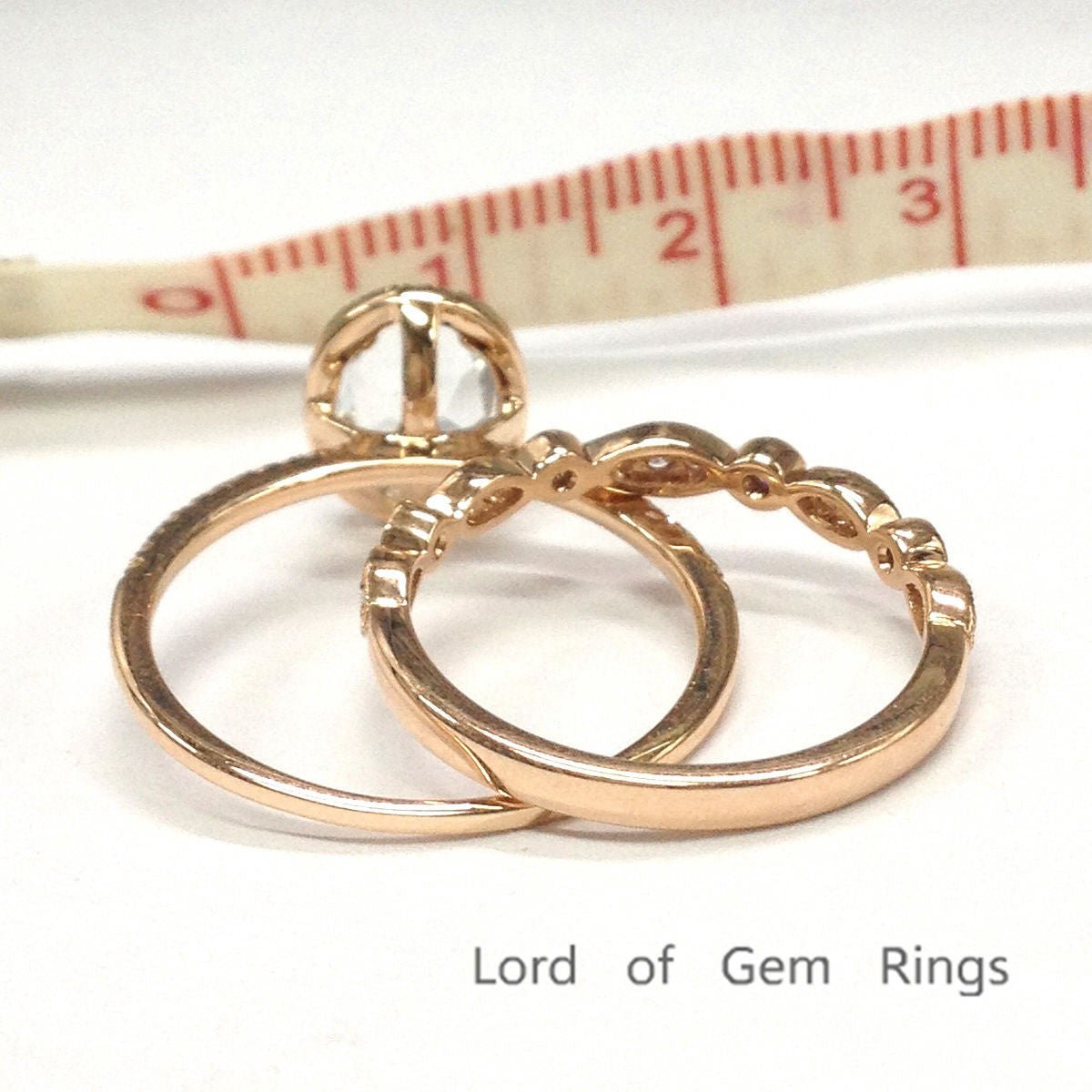 Oval Aquamarine Halo Ring Art Deco Diamond Band Bridal Set - Lord of Gem Rings
