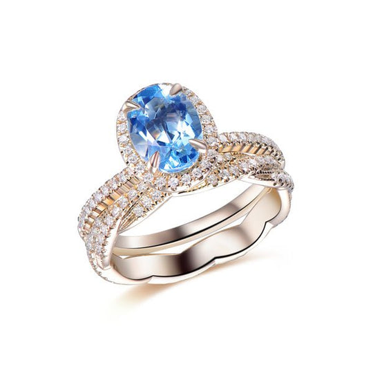Oval Aquamarine Halo Ring with Diamond Twisted Band Bridal Set