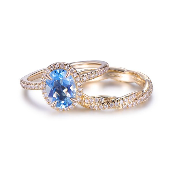 Oval Aquamarine Halo Ring with Diamond Twisted Band Bridal Set - Lord of Gem Rings