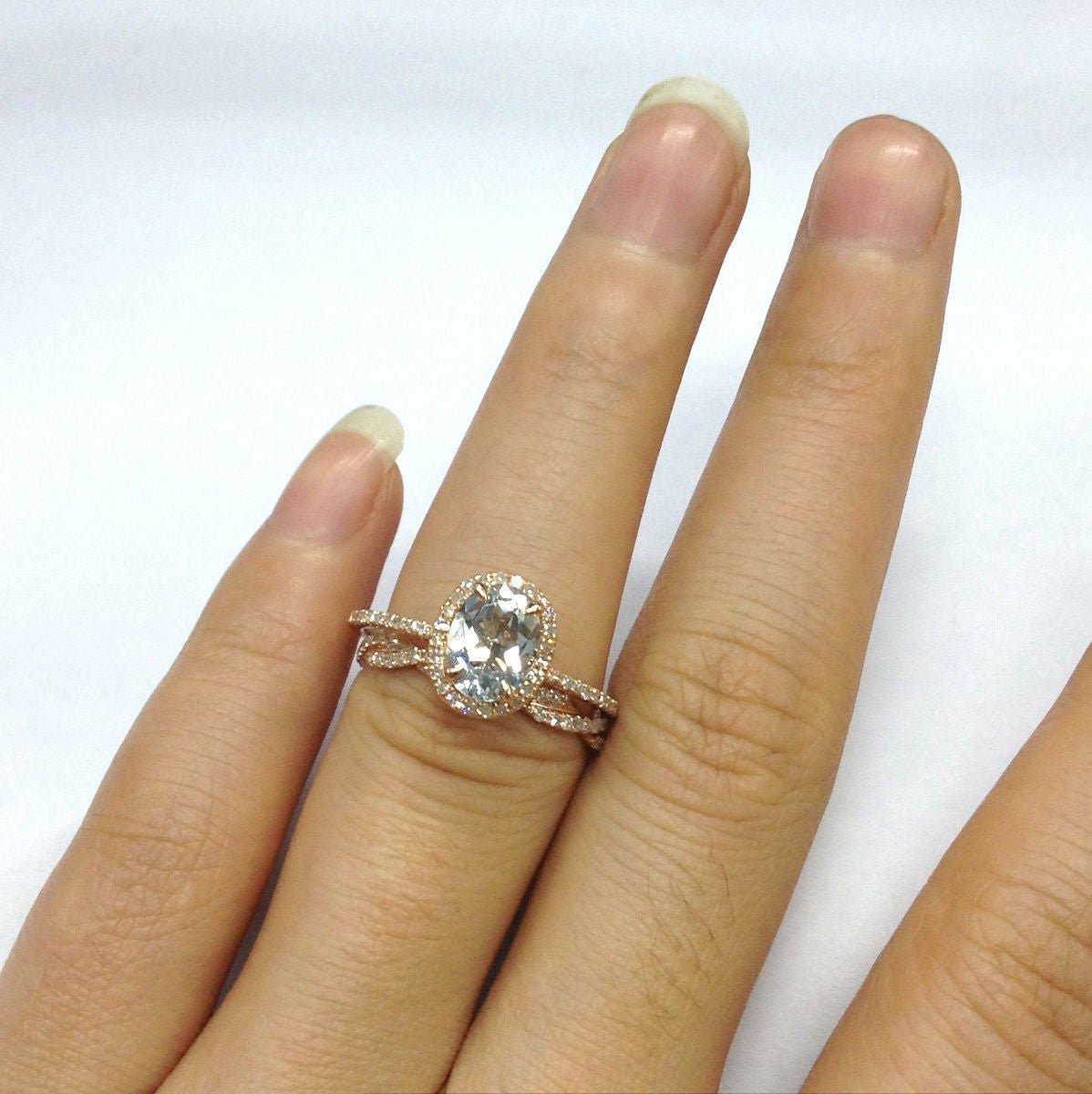 Oval Aquamarine Halo Ring with Diamond Twisted Band Bridal Set - Lord of Gem Rings