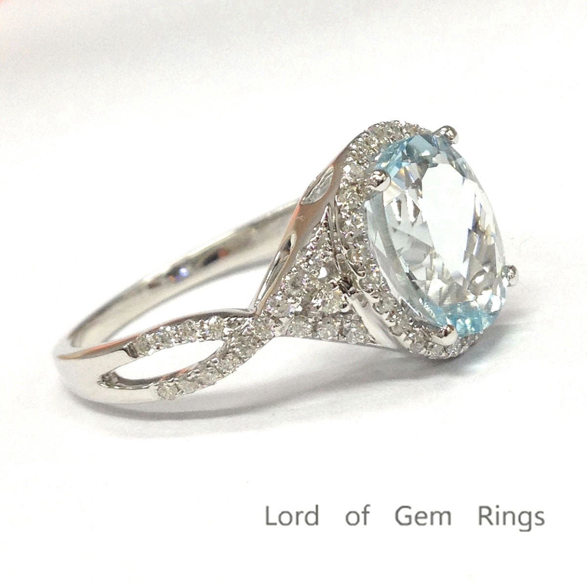 Oval Aquamarine Infinite Love Ring Diamond Accents 14K White Gold - Lord of Gem Rings