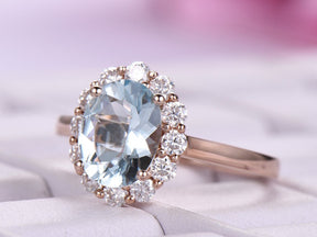 Oval Aquamarine Moissanite Diana Princess Ring 14K Rose Gold - Lord of Gem Rings