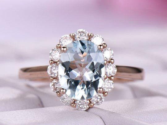 Oval Aquamarine Moissanite Diana Princess Ring 14K Rose Gold