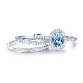 Oval Aquamarine Ring Pave Diamond Milgrain Band Trio Bridal Set - Lord of Gem Rings