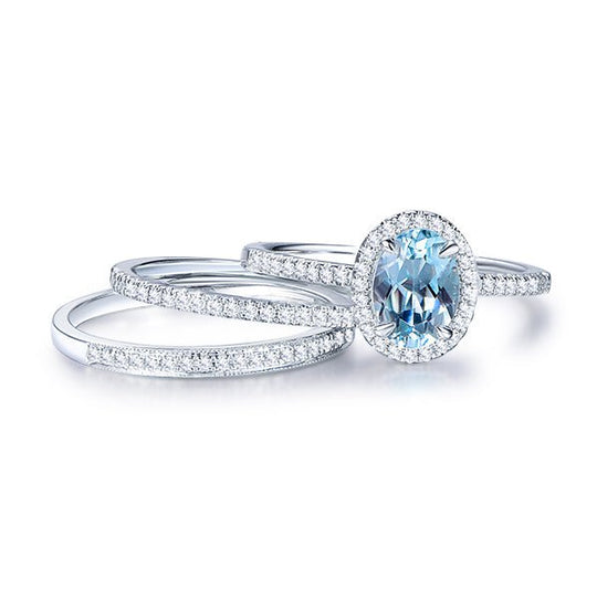 Oval Aquamarine Ring Pave Diamond Milgrain Band Trio Bridal Set