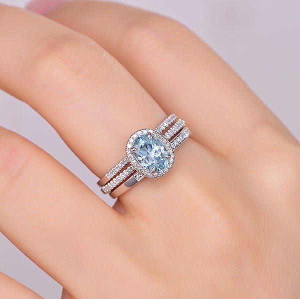 Oval Aquamarine Ring Pave Diamond Milgrain Band Trio Bridal Set - Lord of Gem Rings