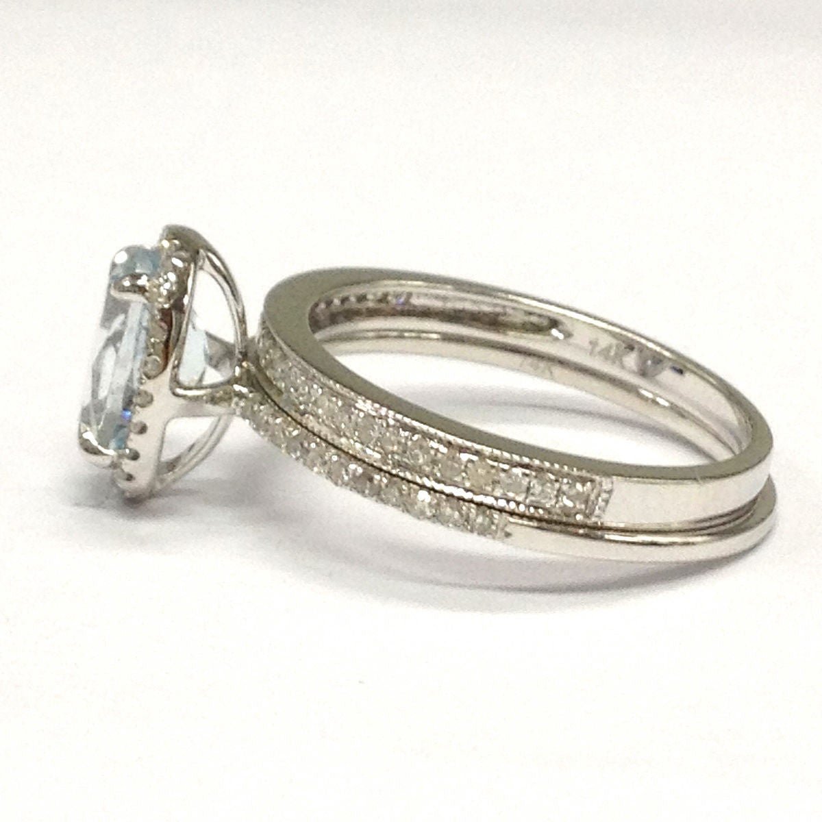 Oval Aquamarine Ring Pave Diamond Milgrain Band Trio Bridal Set - Lord of Gem Rings