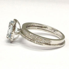 Oval Aquamarine Ring Pave Diamond Milgrain Band Trio Bridal Set - Lord of Gem Rings