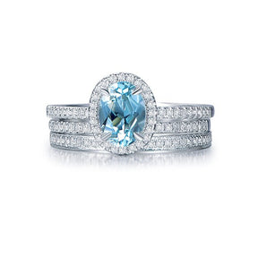 Oval Aquamarine Ring Pave Diamond Milgrain Band Trio Bridal Set - Lord of Gem Rings