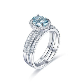 Oval Aquamarine Ring Pave Diamond Milgrain Band Trio Bridal Set - Lord of Gem Rings