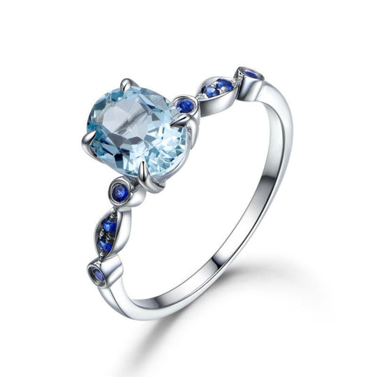 Oval Aquamarine Sapphire Art Deco Engagement Ring 14K White Gold