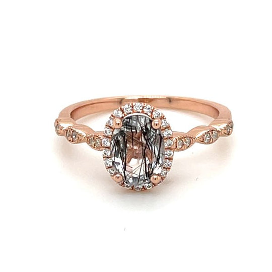 Oval Black Natural Rutilated Quartz Vintage Halo Ring