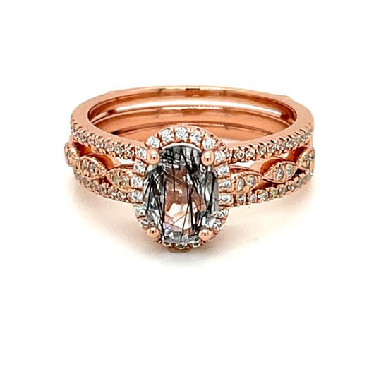 Oval Black Natural Rutilated Quartz Vintage Halo Ring Set in Silver