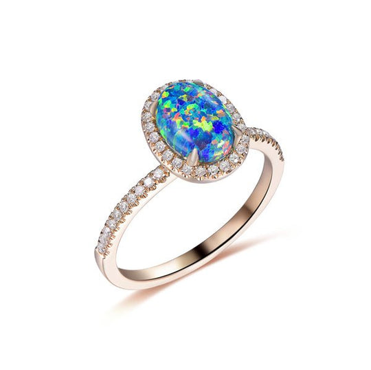 Oval Black Opal Engagement Diamond Halo Ring 14K Gold