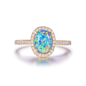 Oval Black Opal Diamond Halo Engagement Ring 14K Gold - Lord of Gem Rings
