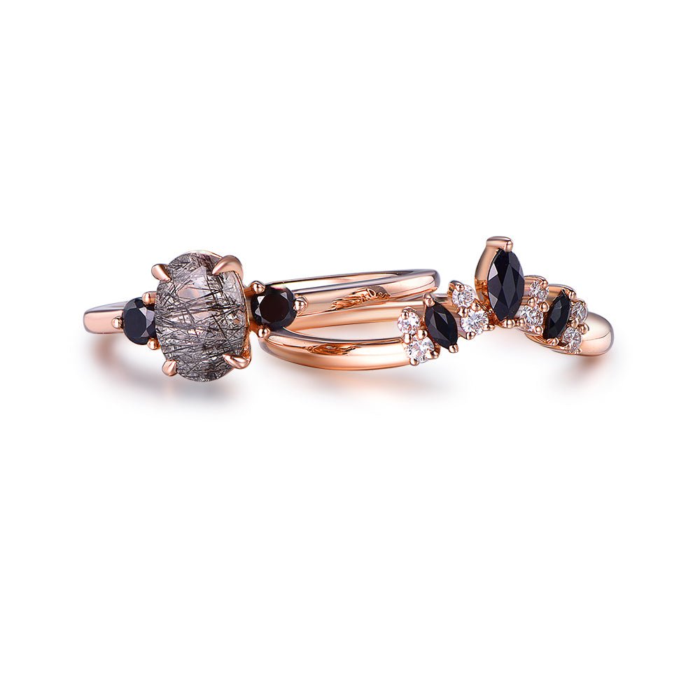 Oval Black Rutilated Quartz Black Spinel Vintage Bridal Set 14K Rose Gold - Lord of Gem Rings