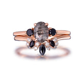 Oval Black Rutilated Quartz Black Spinel Vintage Bridal Set 14K Rose Gold - Lord of Gem Rings