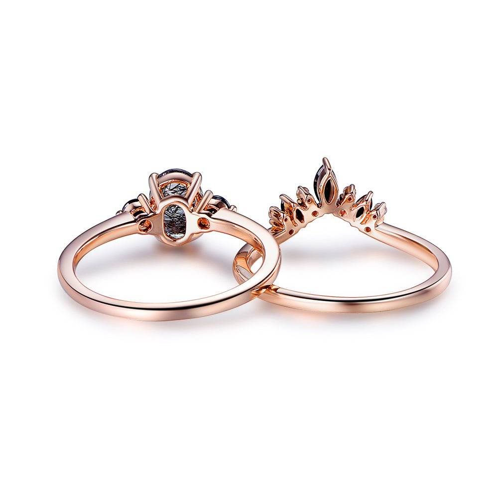 Oval Black Rutilated Quartz Black Spinel Vintage Bridal Set 14K Rose Gold - Lord of Gem Rings