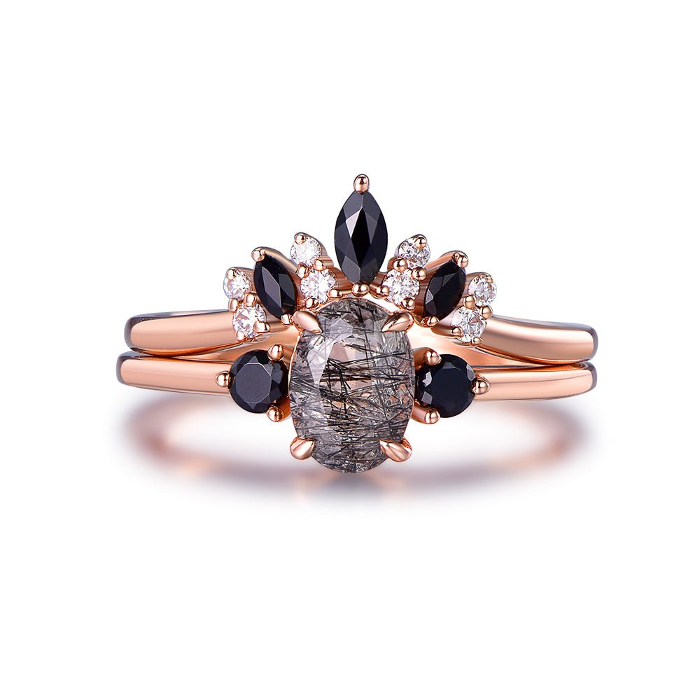 Oval Black Rutilated Quartz Black Spinel Vintage Bridal Set 14K Rose Gold - Lord of Gem Rings