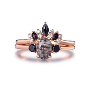 Oval Black Rutilated Quartz Black Spinel Vintage Bridal Set 14K Rose Gold - Lord of Gem Rings