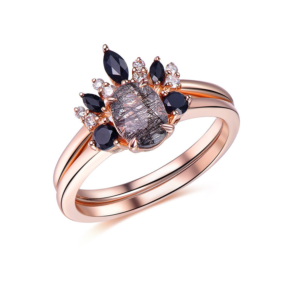 Oval Black Rutilated Quartz Black Spinel Vintage Bridal Set 14K Rose Gold - Lord of Gem Rings