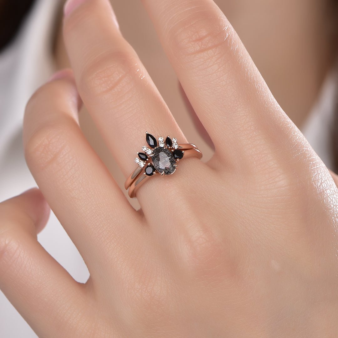 Oval Black Rutilated Quartz Black Spinel Vintage Bridal Set 14K Rose Gold - Lord of Gem Rings