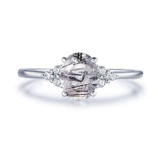 Oval Black Rutilated Quartz Diamond Ring 14K White Gold