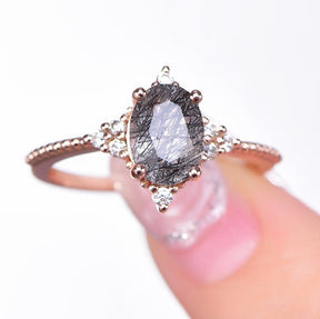 Oval Black Rutilated Quartz Diamond Vintage Ring 14K Rose Gold - Lord of Gem Rings