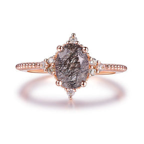 Oval Black Rutilated Quartz Diamond Vintage Ring 14K Rose Gold - Lord of Gem Rings