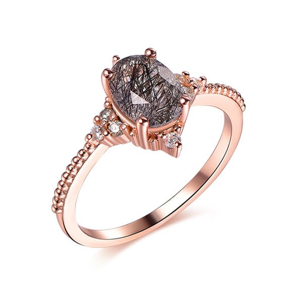 Oval Black Rutilated Quartz Diamond Vintage Ring 14K Rose Gold - Lord of Gem Rings