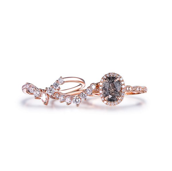 Oval Black Rutilated Quartz Marquise Diamond Vintage Trio Bridal Set 14K Rose Gold - Lord of Gem Rings