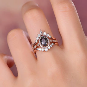 Oval Black Rutilated Quartz Marquise Diamond Vintage Trio Bridal Set 14K Rose Gold - Lord of Gem Rings