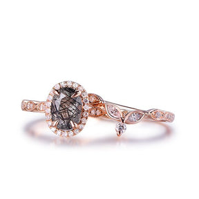 Oval Black Rutilated Quartz Marquise Moissanite Vintage Bridal Set 14K Rose Gold - Lord of Gem Rings