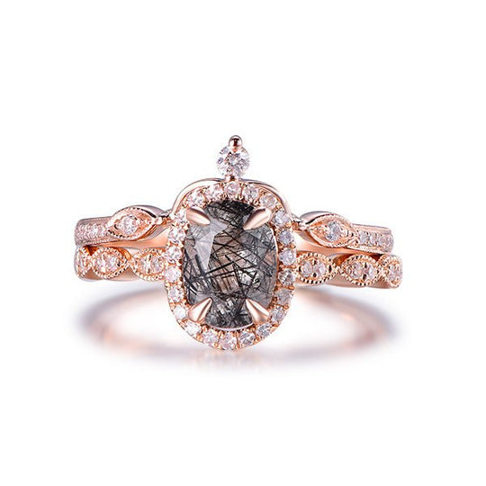 Oval Black Rutilated Quartz Marquise Moissanite Vintage Bridal Set 14K Rose Gold